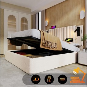 Łóżko ze schowkiem 160 x 200 cm z zagłówkiem - gniazda USB i lampka do czytania - tkanina bawełniana - wzór nitów - beżowe (bez materaca)