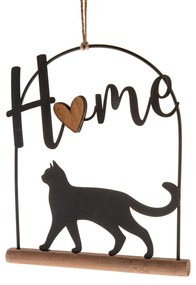 Metalowa zawieszka dekoracyjna na drewnianej podstawie Kot, 16 x 18 cm