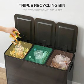 HOMCOM Kosz na śmieci z 3 x 20 L komorami, pokrywami dezodorantowymi, odporny na odciski palców, soft-close, wyjmowany, czarny