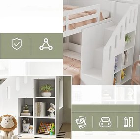Łóżko piętrowe dla dzieci - 2x90x200 cm - z schowkiem w schodach i barierką - Białe (bez materaca)