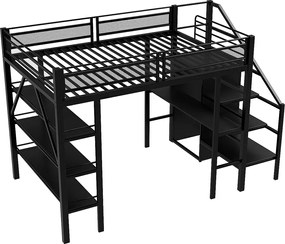 Łóżko piętrowe dla dzieci - 140 x 200cm - z biurkiem + szafą + schodkami ze schowkiem - metalowe - czarne