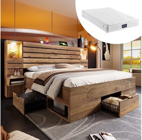 Łóżko podwójne z efektem dębu - 160 x 200 cm - z diodami LED + USB + 2 szafki nocne + szuflady - drewno - naturalne (z materacem)