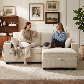 HOMCOM Narożnik z pufą z pojemnikiem, sztruks, 3-osobowy sofa w kształcie L z wypełnieniem sprężynowym, szerokie siedzisko, beżowy | Aosom PL