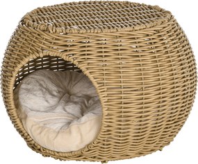 PawHut Domek dla kota kosz jaskinia 2 poziomy z plecionki imitacji rattanu z żywicy z 1 miękką poduszką Ø 40 x 30 cm jasnobrązowy | Aosom PL