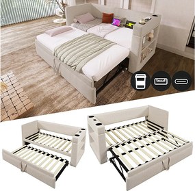 Łóżko dzienne - 2 x 90 x 190 cm - z wysuwanym łóżkiem - podłokietniki z USB typu C + schowek - drewno + bawełna + metal - beż