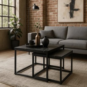 Zestaw Stolików Kawowych JUNO Czarny Marmur/Czarny do Salonu Glamour Nowoczesny