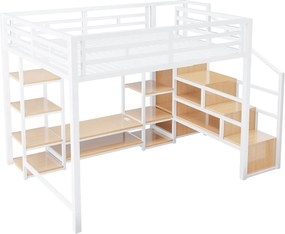 Łóżko piętrowe dla dzieci - 140 x 200 cm - ze szafką RTV + gniazdkiem elektrycznym + drabinką bezpieczeństwa + półką - metalowe - białe