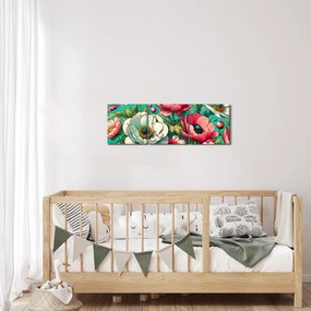 Obraz - Kwiaty na niebieskim tle (z zegarem) (90x30 cm)