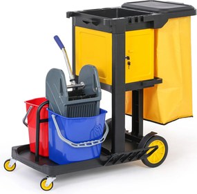 Profesjonalny wózek sprzątający z 2 wiadrami, uchwytami na mopy, szafką i workiem z pokrywą, 1120 × 710 × 990 mm