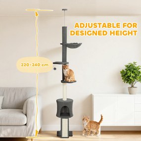 PawHut Drzewko dla kota, kryjówka, hamak, regulowana wysokość, drapak obity tkaniną, szary