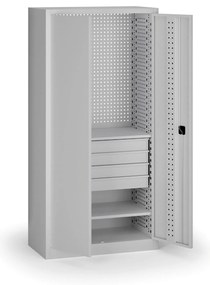 Szafa warsztatowa, 2 półki + 4 szuflady, 1950 × 950 × 500 mm, szare drzwi