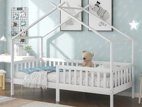 Łóżko domek dziecięcy 90×200 cm - z litego drewna + MDF - z zabezpieczeniem przeciw upadkowym i stelażem listwowym - białe