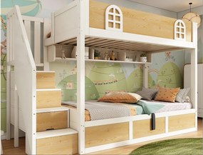 Łóżko piętrowe 90x200cm - Dolne łóżko z miejscem do przechowywania - drabina z pojemnikami - z barierką bezpieczeństwa - Biały + Naturalny