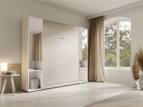 Łóżko chowane w szafie pionowe 140 x 200 cm - 2 kolumny do przechowywania - Z lustrami i LED - Beżowe + Materac - RAPILI