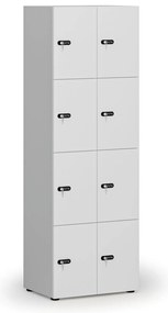 Drewniana szafka skrytkowa S4, 8 schowków, demontaż, zamek mechaniczny z kodem, szary/biały