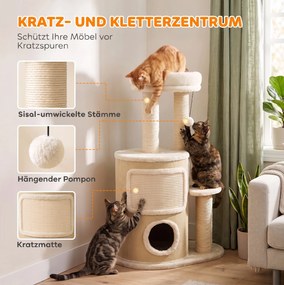 PawHut Drapak z 2-poziomową kryjówką, słupami sizalowymi, platformą, matą sizalową i pomponem, dla kotów do 5 kg | Aosom PL