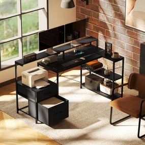 HOMCOM Biurko gamingowe w kształcie L z LED i gniazdami, z podwójnym uchwytem na monitory, 165x80x91,5 cm, czarna imitacja drewna | Aosom PL