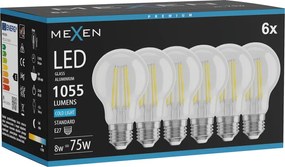 Mexen Vintis 6x żarówka filament LED E27, A60, 8W, Zimna - 6500K, 1055 lm, clear - L150-E27-0865-00x06