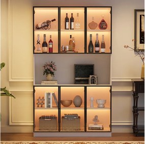 Nowoczesna wysoka witryna szklana - 120 x 34 x 200 cm - z diodami LED + 6 drzwi + półka - płyta wiórowa - biała