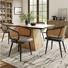 Zestaw 4 welurowych i metalowych krzeseł do jadalni z rattanowymi oparciami – szary