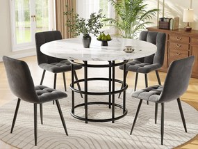 Okrągły stół 100x100x76cm z 4 krzesłami - Blat MDF, metalowa konstrukcja i aksamitne poduszki - Biały&Czarny