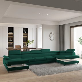Masseno Narożnik MONTIVA z funkcją spania i pojemnikiem na pościel Narozniki U, Rozkładana sofa - Butelkowa zieleń, MONOLITH 37