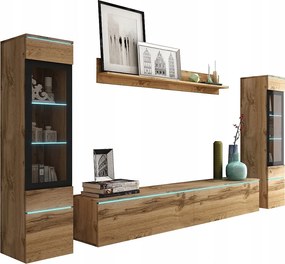 Nowoczesny zestaw mebli do salonu 4 elementy – szafka RTV 180 cm, 2 witryny i półka – meblościanka wotan mat, stojąca lub wisząca