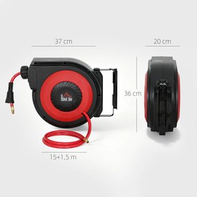 HOMCOM Bęben na wąż z mechanizmem zwijania, 16,5 m długi wąż, montaż ścienny, Czerwony+Czarny