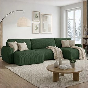 Stylowy narożnik rozkładany  ARIEL U 387x150x87 cm w tkaninie Velo 79 butelkowa zieleń