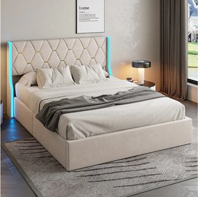 Łóżko Skrzyniowe Podwójne 140x190 cm w Beżowym Aksamicie z Podświetlanym RGB LED Zagłówkiem i Wbudowanym Schowkiem, Styl Współczesny