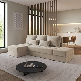 Masseno Narożnik NORVI z funkcją spania i pojemnikiem na pościel Narozniki L, Rozkładana sofa - Beżowy, PAROS 02