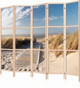 Parawan pokojowy 5-częściowy 225x172 drewniany japoński Jednostronny dekoracyjny coastal naturalny Niebieski