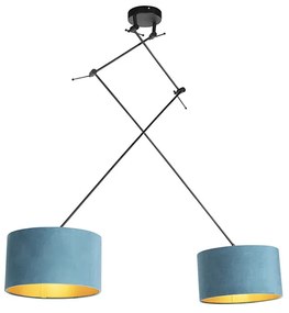 Lampa wisząca czarna z niebieskimi i złotymi abażurami z weluru 35 cm 2-światłowa - Blitz klasyczny/Antyczny Oswietlenie wewnetrzne