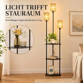 HOMCOM Lampa stojąca Boho 3-płomienna, 3 półki, klosz z papierowego sznura, czarna | Aosom PL
