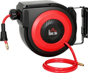 HOMCOM Bęben na wąż z mechanizmem zwijania, 16,5 m długi wąż, montaż ścienny, Czerwony+Czarny