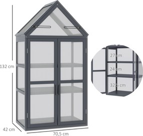 Szklarnia Mini Outsunny 3 Poziomy Treibhaus Ziołowy z Otwieranym Dachem Podwójne Drzwi Drewniane Poliwęglan Wodoodporna Naturalna 70,5 x 42 x 132 cm