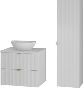 Biały Zestaw Łazienkowy 60cm Szafka z Blatem Umywalka Słupek Ryflowane Fronty Arcos