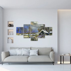 Obraz chaty w zimowym krajobrazie, obraz olejny (125x70 cm)