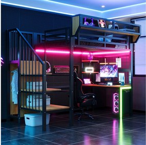 Łóżko piętrowe metalowe - 90 x 200 cm - z biurkiem + półką i siatką na rzeczy + drabinką + diodami LED + gniazdkiem elektrycznym - czarne