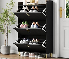 Szafa na buty 80x23,5x123,5 cm - 3 drzwi - 6 przegródek - Wysokość regulowana - MDF - Czarny