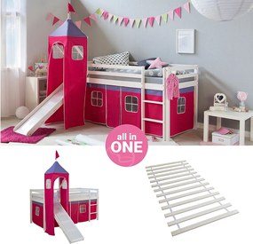 Łóżko piętrowe z zjeżdżalnią 90x200 cm Różowa Wieża Listwy Łóżko piętrowe