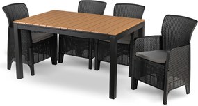 Zestaw Mebli Ogrodowych Stół ARGOS 140-180 cm Dąb/Czarny i 4x Fotel FRESNO Czarny Technorattan Nowoczesny
