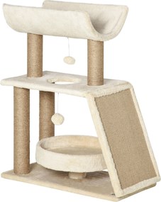 PawHut Drapak dla Kotów z Zabawką i Legowiskiem Kremowy i Naturalny 60x30x76cm Idealne Miejsce do Zabawy i Odpoczynku | Aosom PL