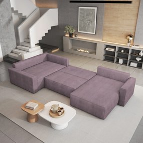 Masseno Narożnik VELAMI z funkcją spania i pojemnikiem na pościel Narozniki U, Rozkładana sofa - Wrzosowy, POSO 130