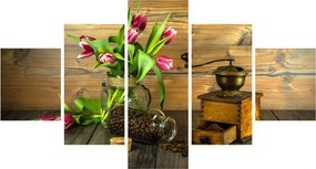Obraz - tulipany, młynek i kawa (125x70 cm)