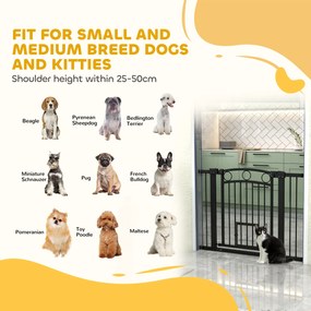 PawHut Bramka dla zwierząt regulowana 76-104 cm z drzwiczkami dla kota do schodów i drzwi czarna | Aosom PL