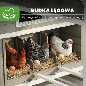 PawHut Drewniany Kurnik z Wybiegiem, Gniazdami i Asfaltowym Dachem, Wysuwana Taca, Dla 8-10 Kur, 347x160x150 cm, Ciemnoszary | Aosom PL
