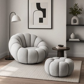 Fotel Wypoczynkowy Obrotowy PETTIT Szary z Pufą w Tkaninie Teddy Boucle