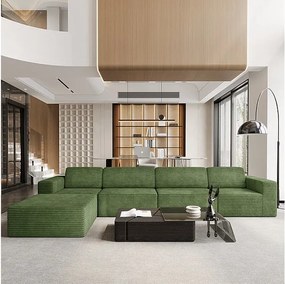 Duża Modułowa Sofa 4-osobowa w Welurze Żebrowanym, z pufą i 4 poduszkami, 404x202x82cm, Zielony