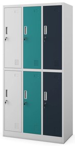 Szafka socjalna ubraniowa BHP szaro-wielokolorowa: 6-drzwiowa IGOR, 900 x 1850 x 450 mm